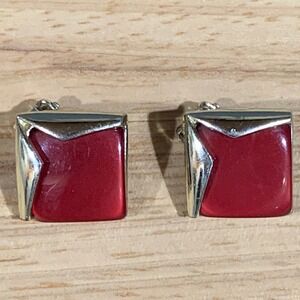 Charel Clip On Earrings Womens Red Enamel Square Silver Tone Vintage MCM Retro